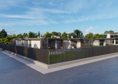 Utcakép modern házakról, kerítéssel elkerítve, zöld övezeti ingatlanok